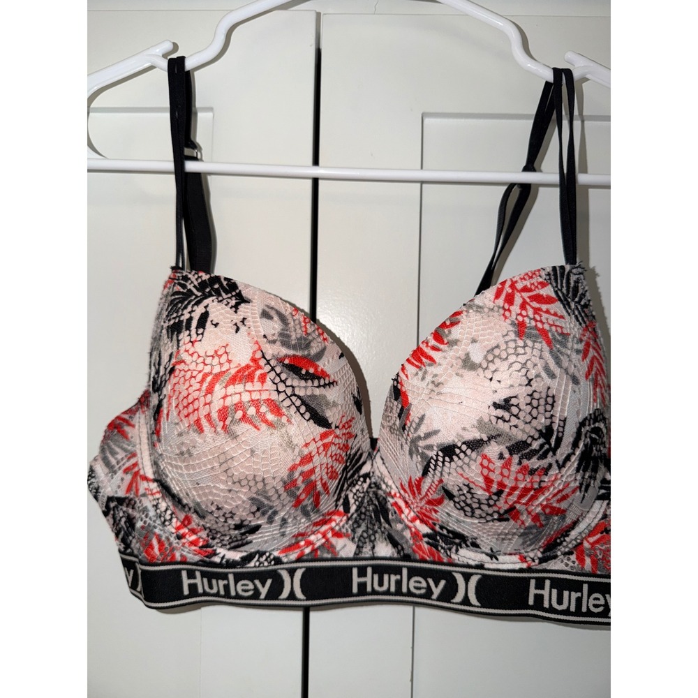 Hurley Women 36C Push Up Bra Tropical Lace Logo Band Red Black White